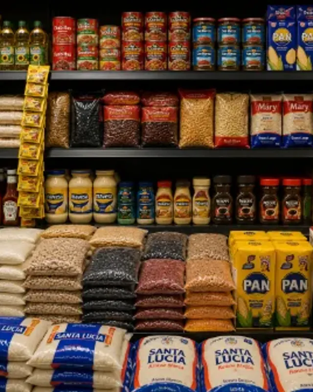 Anaqueles de víveres: granos, enlatados, harina y aceite